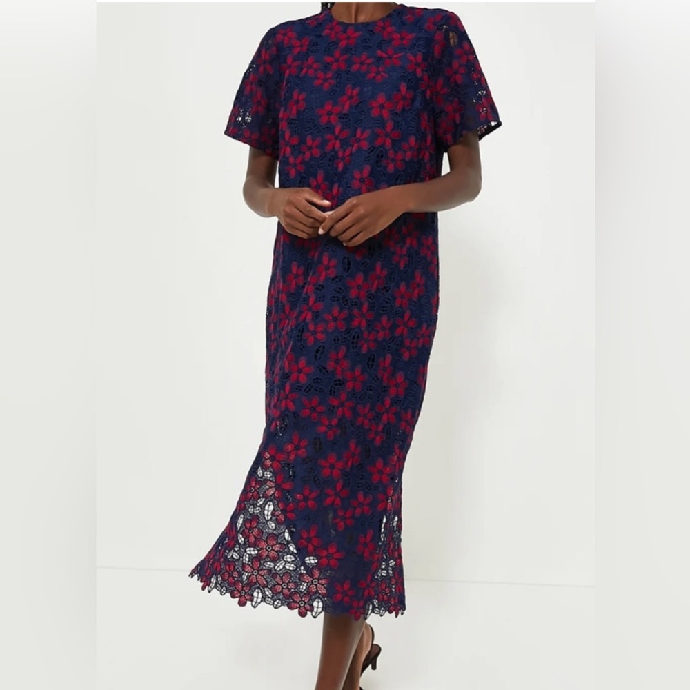 Tuckernuck Navy and Red Floral Lace Midi Dress